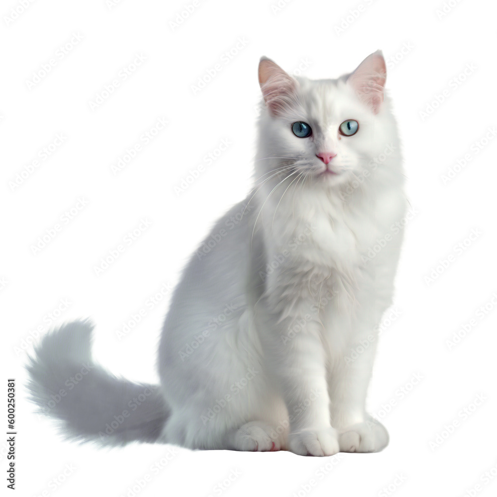 little white cat sitting on the ground , background removed png, transparent background for digital art/work - obrazy, fototapety, plakaty 