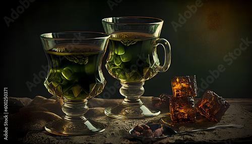 Glasses of absinthe with brown sugar photo