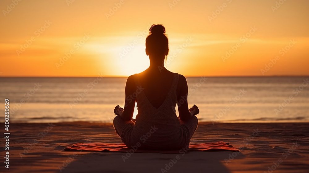  woman meditating on the beach at sunset. AI generative