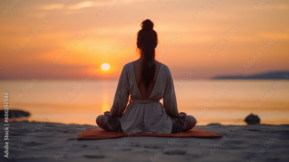 woman meditating on the beach at sunset. AI generative woman meditating on the beach at sunset. AI generative