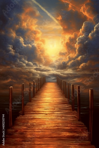 Boardwalk leading to the heaven, divine style, holy fantasy. AI generative