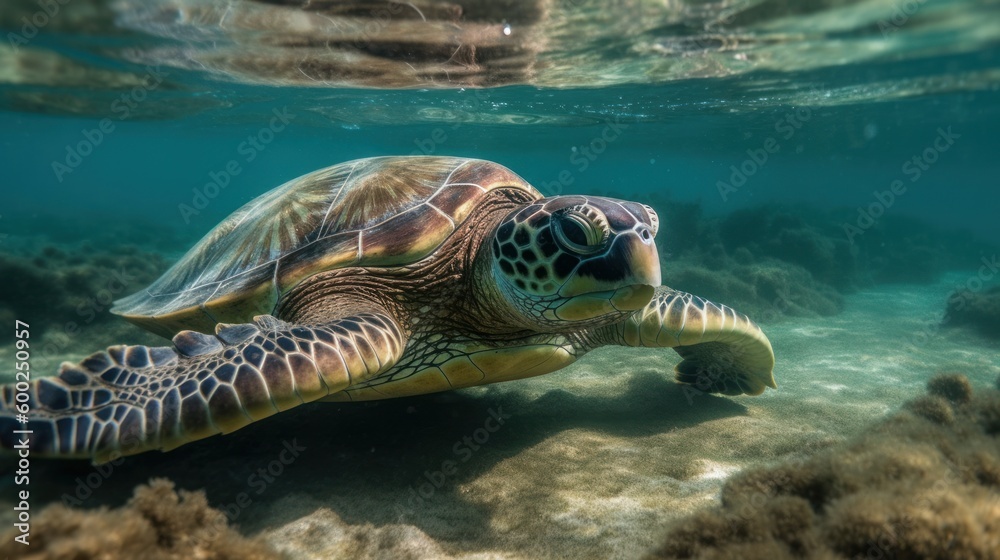 Fototapeta premium A sea turtle swimming in the shallows AI generated