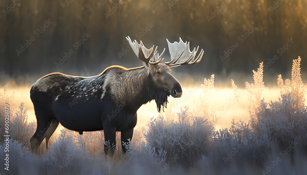 Mature bull moose (Alces alces) feeding in early morning with frost in ...