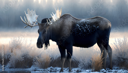 Mature bull moose (Alces alces) feeding in early morning with frost in the field photo