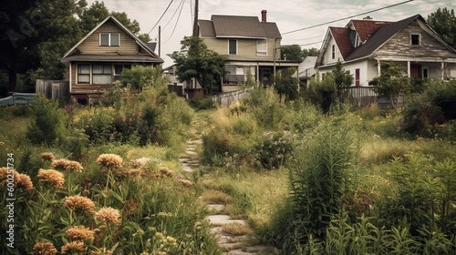 A suburban neighborhood with overgrown weeds AI generated © ArtStage