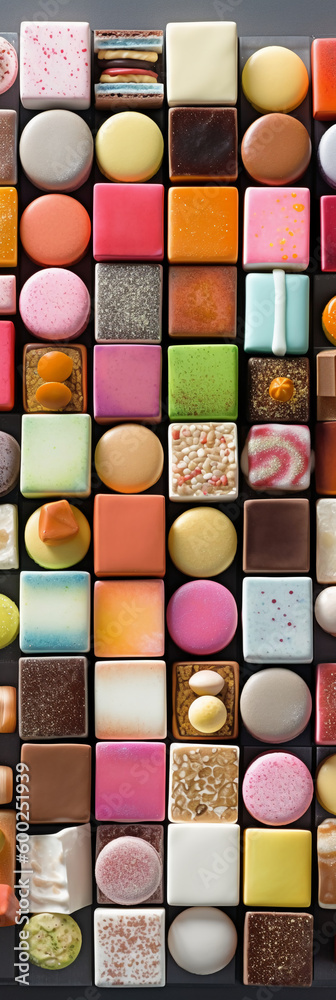 Fototapeta premium Colorful dozens of French assortment of petits fours. AI generative