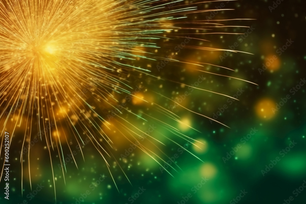 Gold and green Fireworks and bokeh in New Year eve and copy space. Abstract background holiday. AI generative Gold and green Fireworks and bokeh in New Year eve and copy space. Abstract background holiday. AI generative