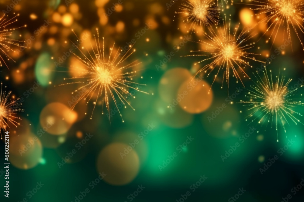 Gold and green Fireworks and bokeh in New Year eve and copy space. Abstract background holiday. AI generative Gold and green Fireworks and bokeh in New Year eve and copy space. Abstract background holiday. AI generative
