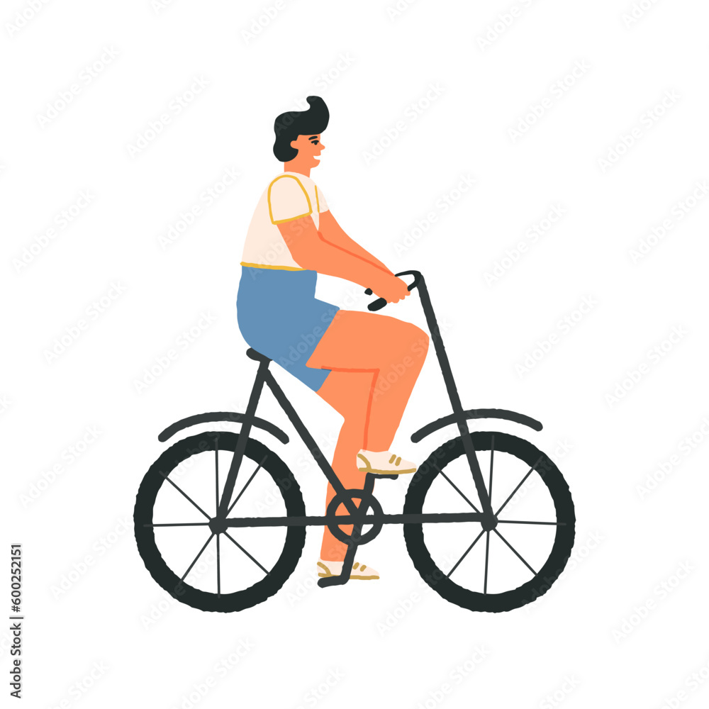 A young man or teenage boy rides a cycle or bike. Transport for outdoor pastime, riding. Vector isolated illustration. A young man or teenage boy rides a cycle or bike. Transport for outdoor pastime, riding. Vector isolated illustration.