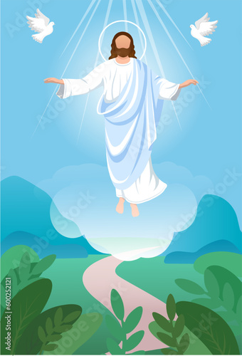  Ascension Day design with Jesus Christ in the sky vector illustration. Illustration of the ascension of Jesus Christ.Jesus in radiance with a halo.
