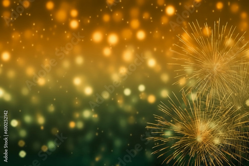 Gold and green Fireworks and bokeh in New Year eve and copy space. Abstract background holiday. AI generative
