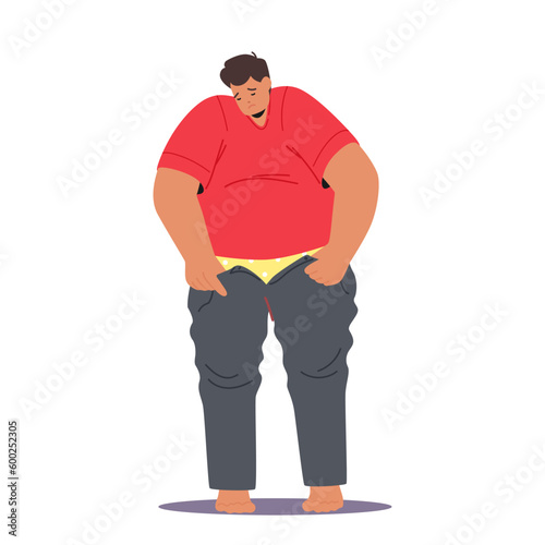Fat Man Fights Zipper On Tight Pants In Hilarious Struggle With Bulging Belly And Frustration, Vector Illustration photo