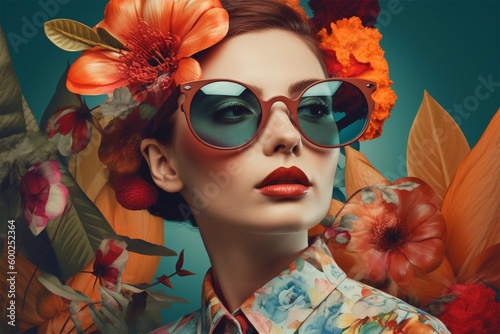 colorful magazine collage with a model in sunglasses on a bright multicolored floral background. Generative AI