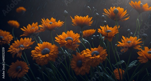 Orange flowers in the garden on a rainy day. Background. Generative AI
