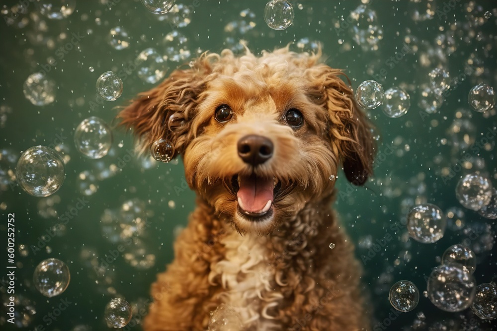 Maltipoo dog is taking bath with foam and bubbles. Generated ai Generative AI