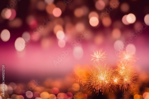 Gold and purple Fireworks and bokeh in New Year eve and copy space. Abstract background holiday. AI generative