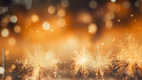 Gold and silver Fireworks and bokeh in New Year eve and copy space. Abstract background holiday. AI generative © SANGHYUN