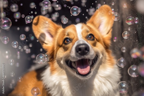 Corgi dog is taking bath with foam and bubbles. Generated ai Generative AI © Oleksandr Kozak