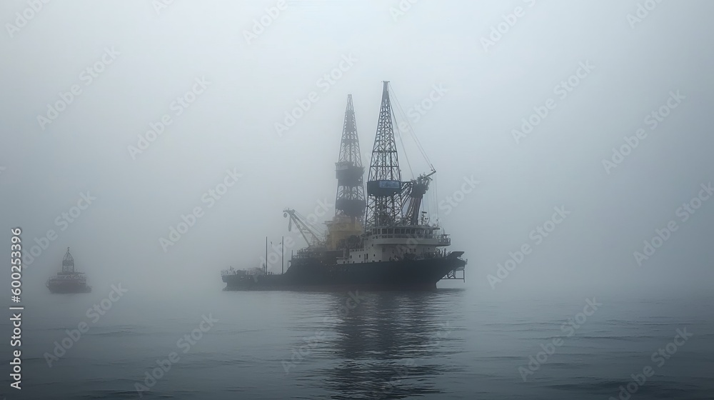 An oil rig in a foggy channel AI generated