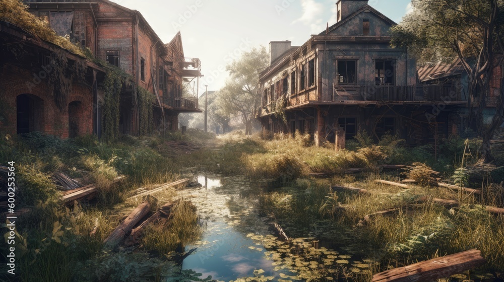 An overgrown abandoned town with a polluted river AI generated