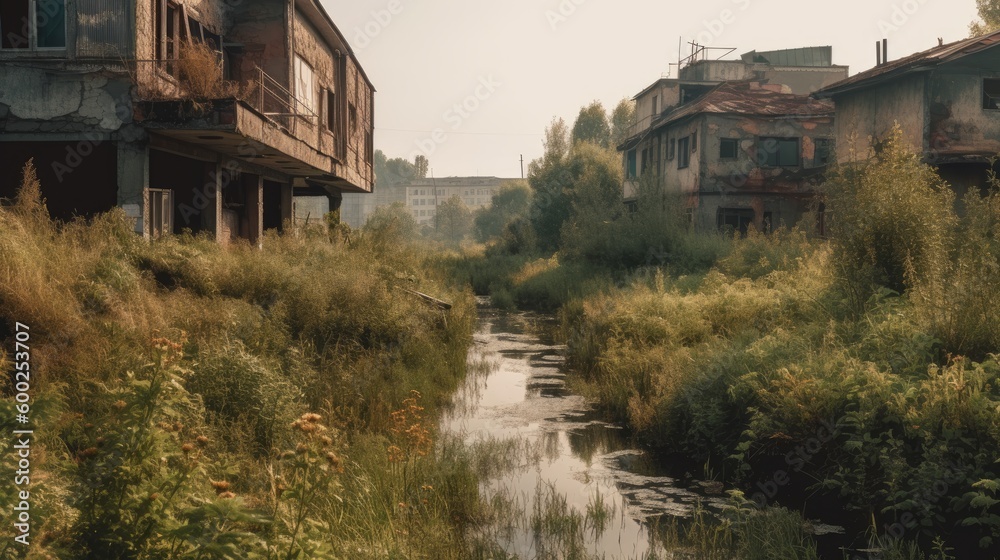 An overgrown abandoned town with a polluted river AI generated An overgrown abandoned town with a polluted river AI generated