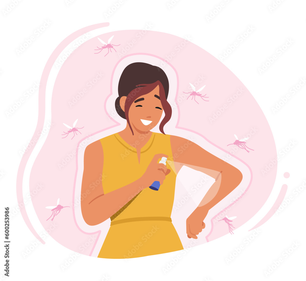 Woman Sprays Mosquito Repellent To Ward Off Insects, Keeping Them Safe From Bites And Potential Diseases, Illustration Woman Sprays Mosquito Repellent To Ward Off Insects, Keeping Them Safe From Bites And Potential Diseases, Illustration