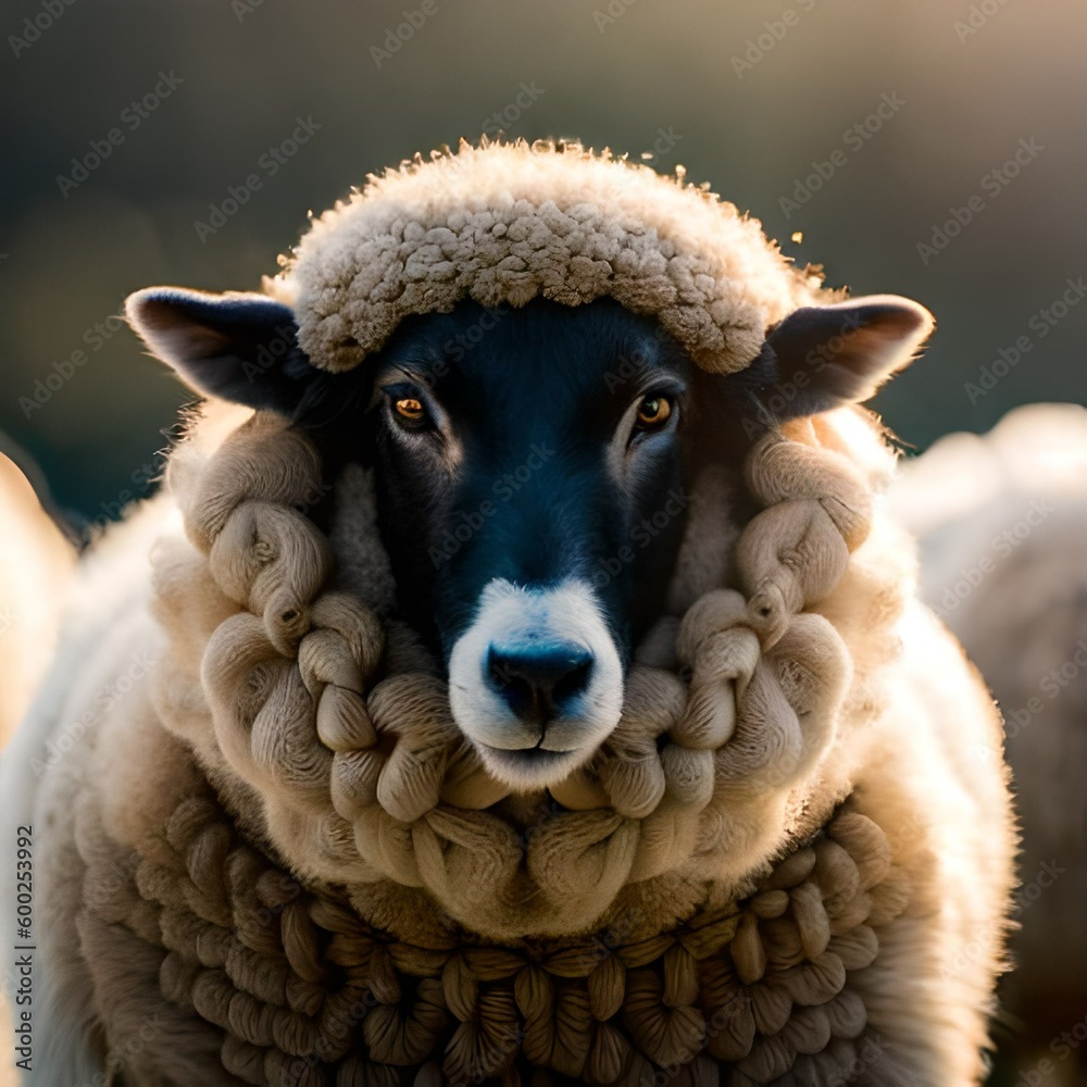 Naklejka premium Cute sheep in a woolen hat in black background, Generative AI