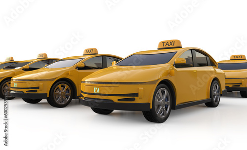 Group of yellow ev taxis or electric vehicle on white background