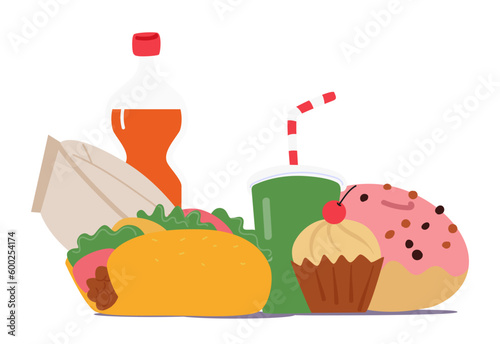 Donut, Fries, Taco, Soda Fast Food And Drink Are Quick And Convenient Options For On-the-go Meals. Fastfood Meals