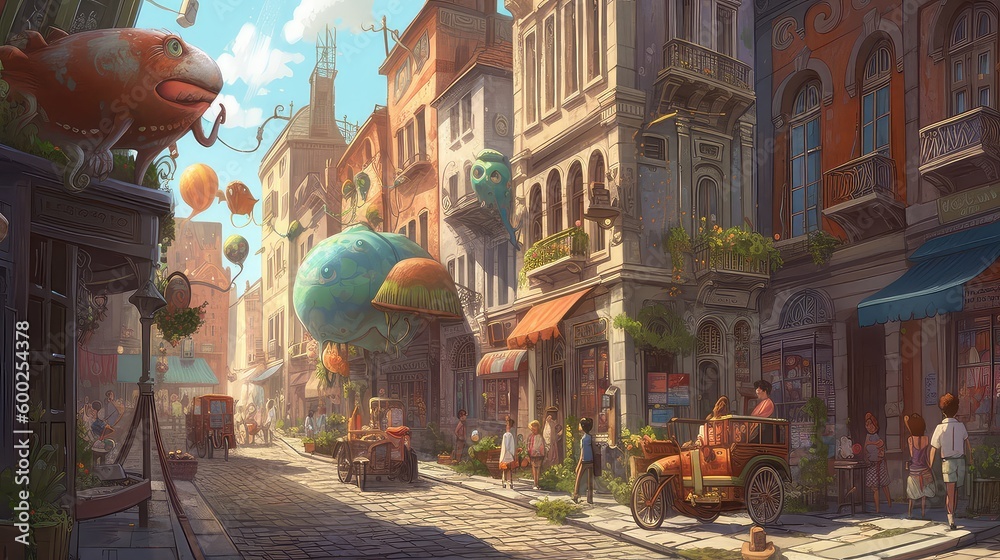 Fototapeta premium Enchanted Metropolis: A Vivid Glimpse of Fantastical Creatures in Daily Bustle