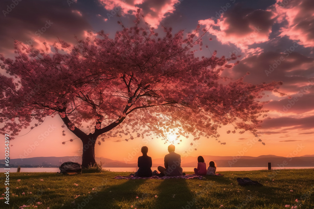 the silhouette of a family enjoying a picnic under a cherry blossom tree in sunset sky. AI generative