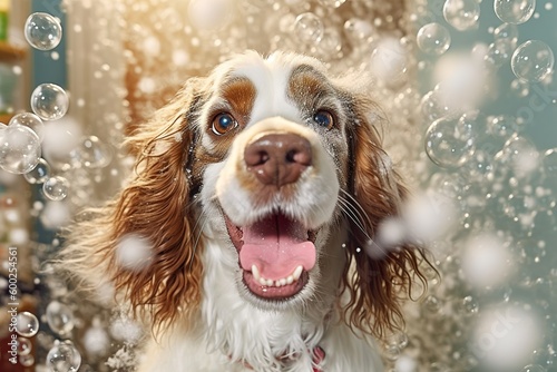 Spaniel dog taking bath with foam and bubbles. Generated ai Generative AI photo