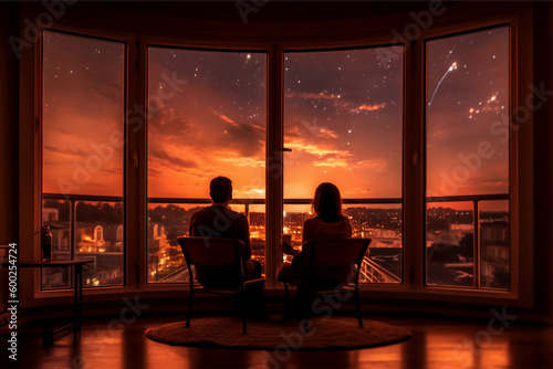 The back of a couple sitting by the hotel window, The view through the window is a starry night. AI generative