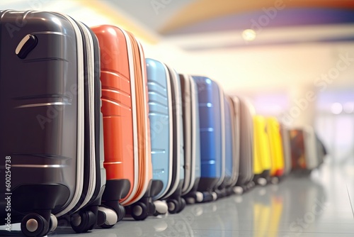 Suitcases in the airport departure lounge. Ai generative.