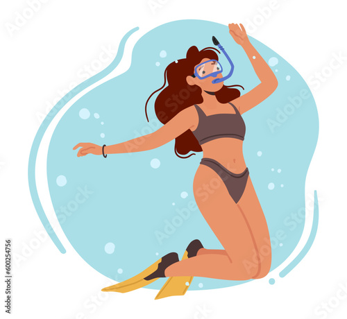 Woman Wearing Bikini, Mask and Tube Diving. Young Female Character Wear Two-piece Swimsuit, Enjoying Underwater
