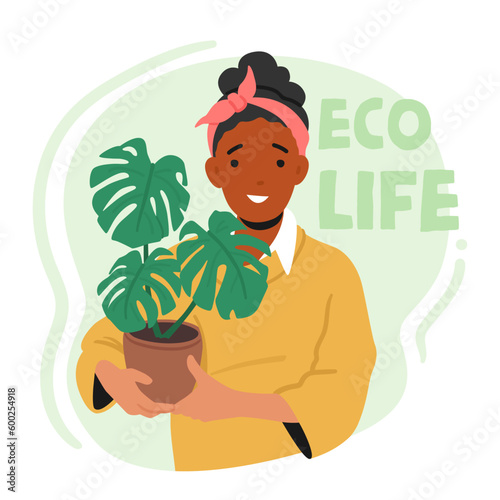 Woman Holding Potted Flower, Promoting Eco-life Values. Sustainability, Green Living, Nurturing The Plant