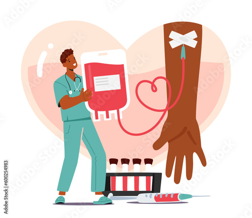 Doctor Character Collect Donated Blood into Plastic Bag. Process Of Donating Involves Screening, Testing And Collection