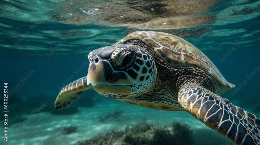 Fototapeta premium Endangered sea turtle swimming in clear water AI generated