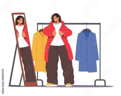 Fat Woman Struggle To Zip Small Clothes In Front Of Mirror, Feeling Uncomfortable And Self-conscious About Her Body Size