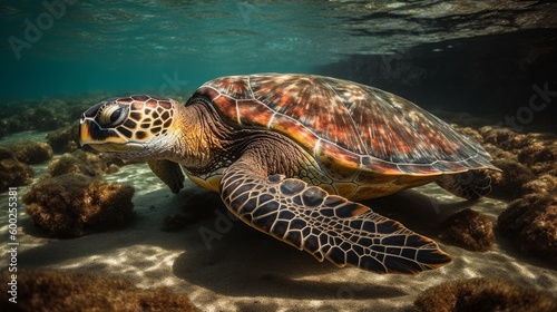 Endangered sea turtle swimming in clear water AI generated © ArtStage