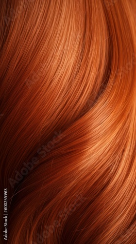 A closeup view of a bunch of shiny straight red hair in a wavy curved style. Generative AI