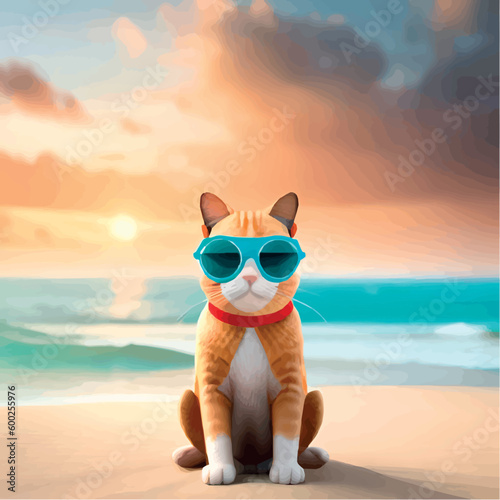 Cute cat in glasses is resting on the beach. Stylish kitten in a hat on vacation at sea. Stylized image of a cat in the sea. Cartoon drawing of a cat on the beach. Funny tourist cat.