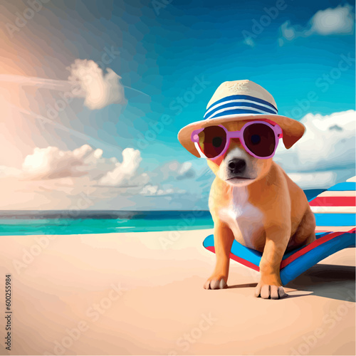 Cute dog in a hat is resting on the beach. Stylish dog in a hat on vacation at sea. Stylized picture of a dog at sea. Cartoon drawing of a dog on the beach. Funny puppy tourist. © Nataly G