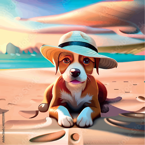 Cute dog in a hat is resting on the beach. Stylish dog in a hat on vacation at sea. Stylized picture of a dog at sea. Cartoon drawing of a dog on the beach. Funny puppy tourist.