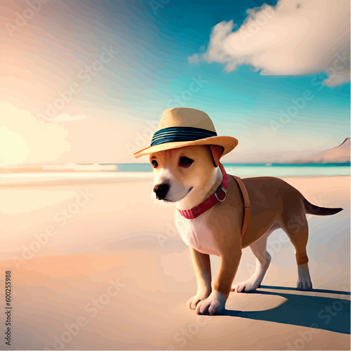 Fototapeta Naklejka Na Ścianę i Meble -  Cute dog in a hat is resting on the beach. Stylish dog in a hat on vacation at sea. Stylized picture of a dog at sea. Cartoon drawing of a dog on the beach. Funny puppy tourist.