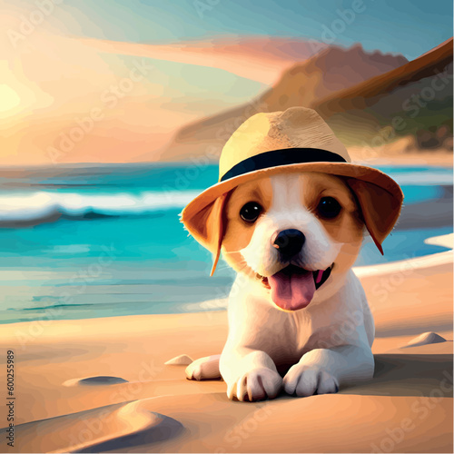 Cute dog in a hat is resting on the beach. Stylish dog in a hat on vacation at sea. Stylized picture of a dog at sea. Cartoon drawing of a dog on the beach. Funny puppy tourist.