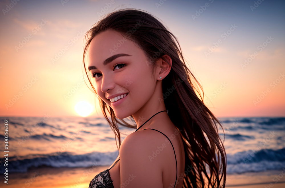 A beautiful girl in a swimsuit poses against the background of the ocean at sunset. Generative AI. A beautiful girl in a swimsuit poses against the background of the ocean at sunset. Generative AI.