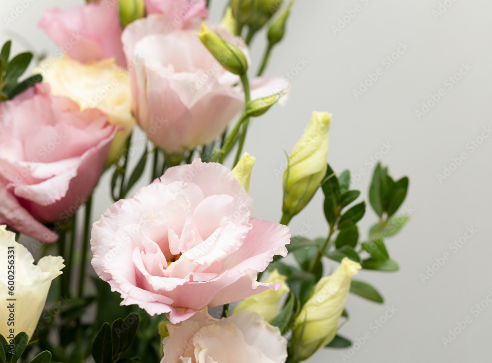 Close-up of eustoma flowers in bouquet on neutral background Close-up of eustoma flowers in bouquet on neutral background