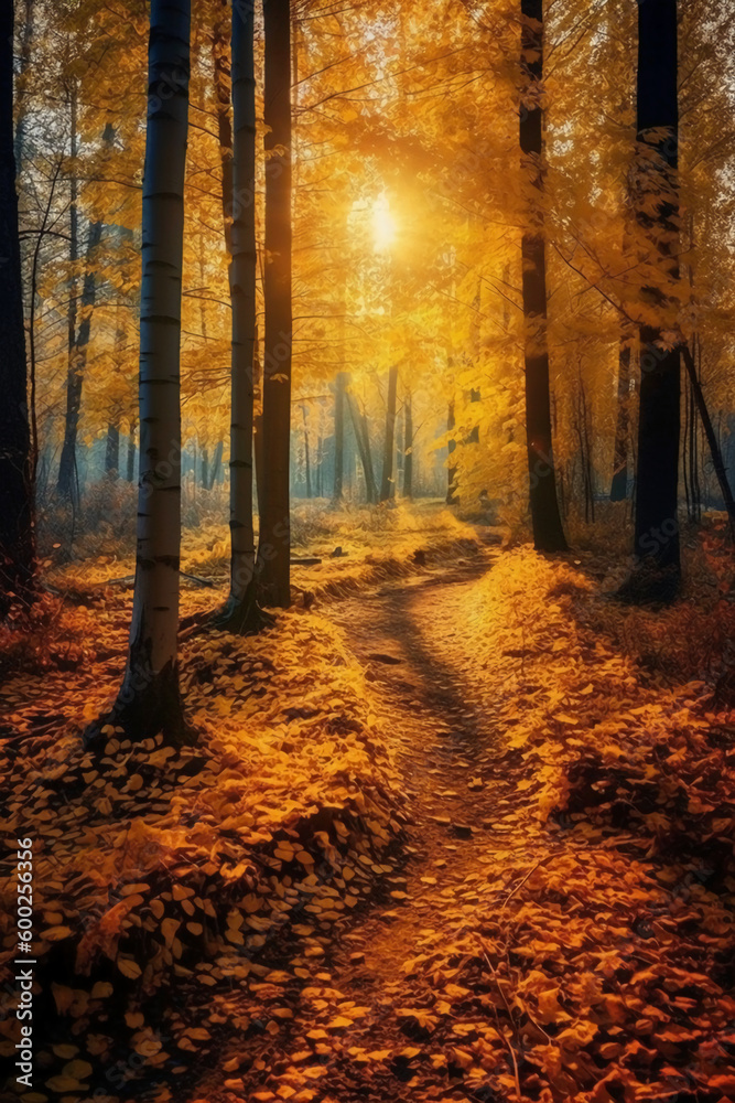 Fototapeta premium The most beautiful yellow autumn forest in the world. AI generative
