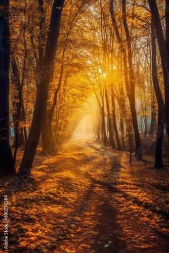 The most beautiful yellow autumn forest in the world. AI generative